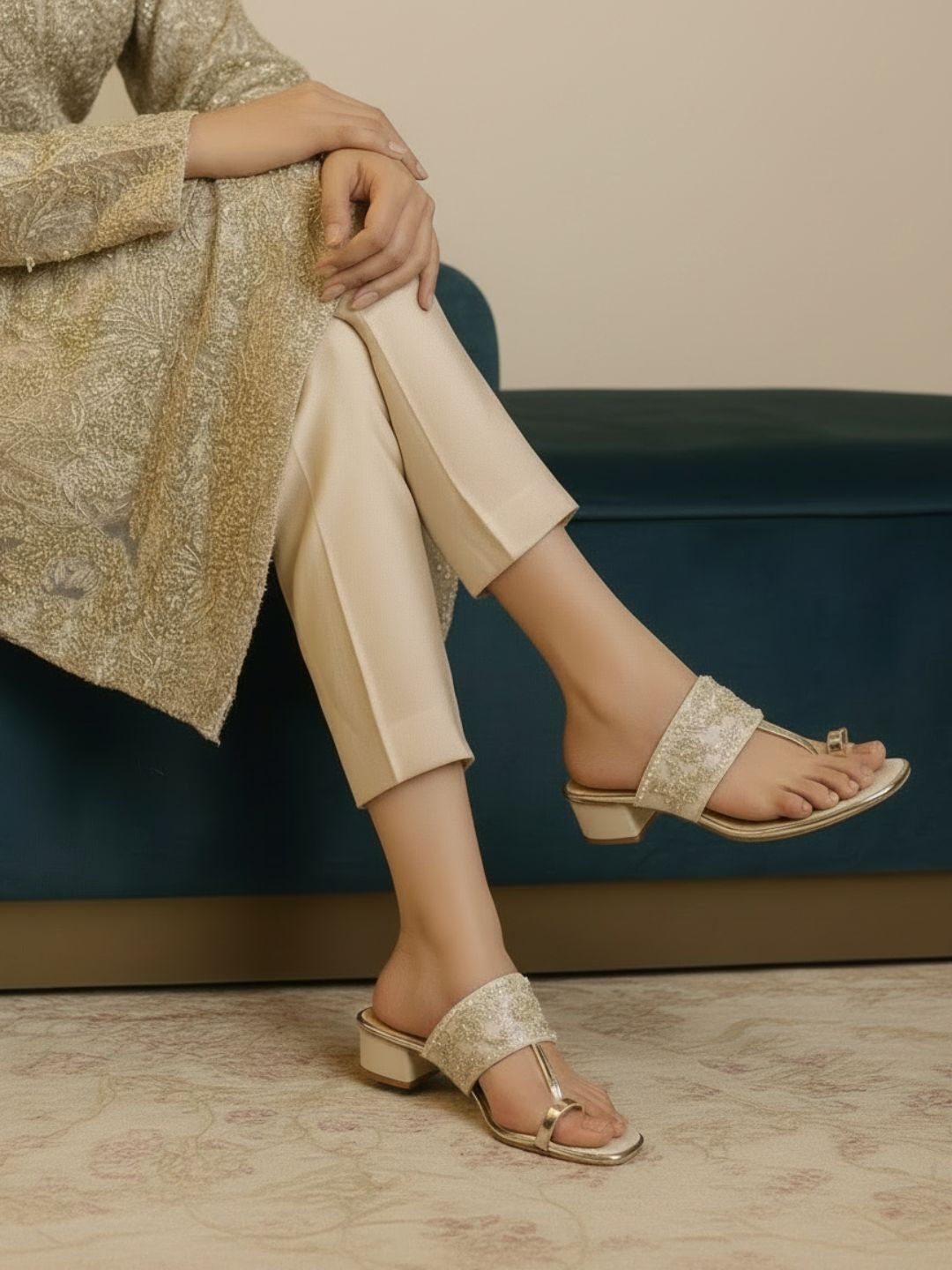 Womens Gold Ethnic Embellished Pattern Round Toe Block Heels