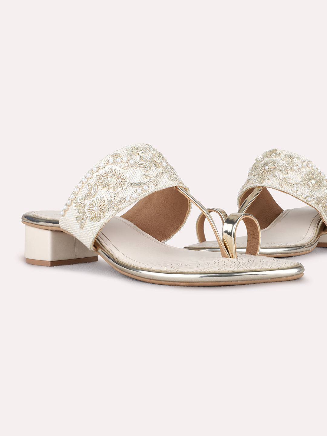Womens Gold Ethnic Embellished Pattern Round Toe Block Heels