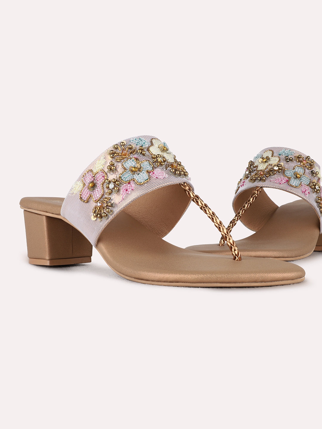 Womens Golden Ethnic Embellished Pattern Round Toe Block heels