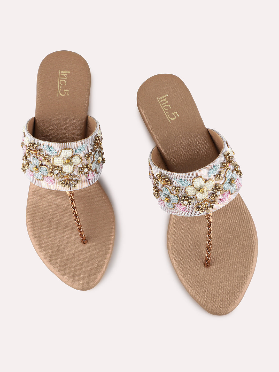 Womens Golden Ethnic Embellished Pattern Round Toe Block heels