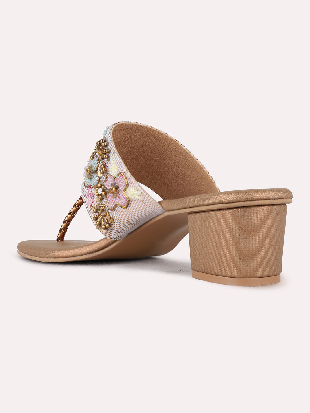 Womens Golden Ethnic Embellished Pattern Round Toe Block heels