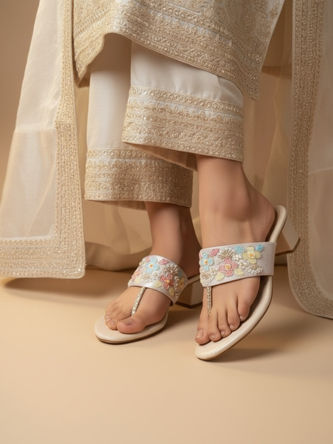 Womens Golden Ethnic Embellished Round Block heels