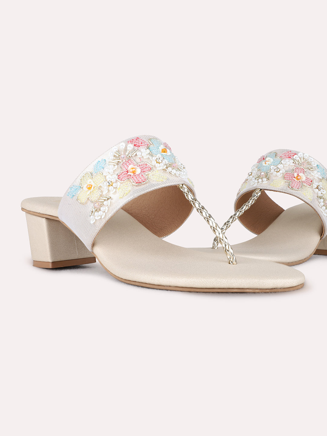 Womens Golden Ethnic Embellished Round Block heels