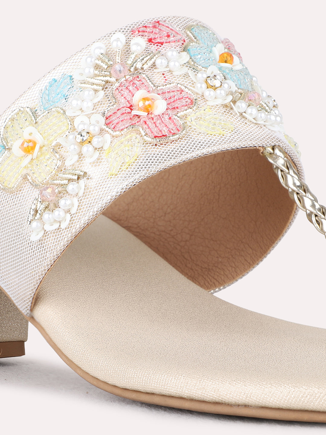 Womens Golden Ethnic Embellished Round Block heels