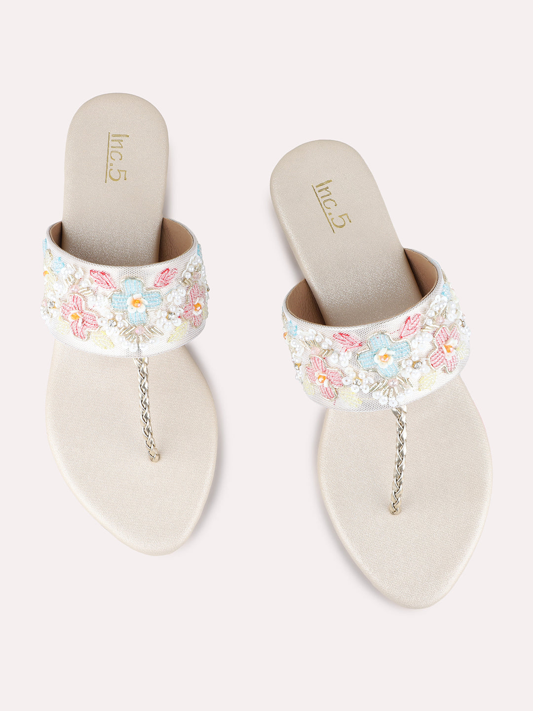 Womens Golden Ethnic Embellished Round Block heels