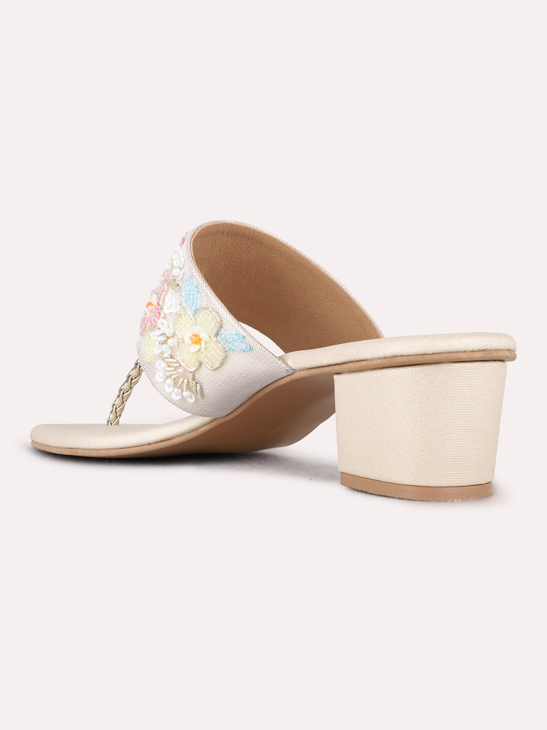 Womens Golden Ethnic Embellished Round Block heels