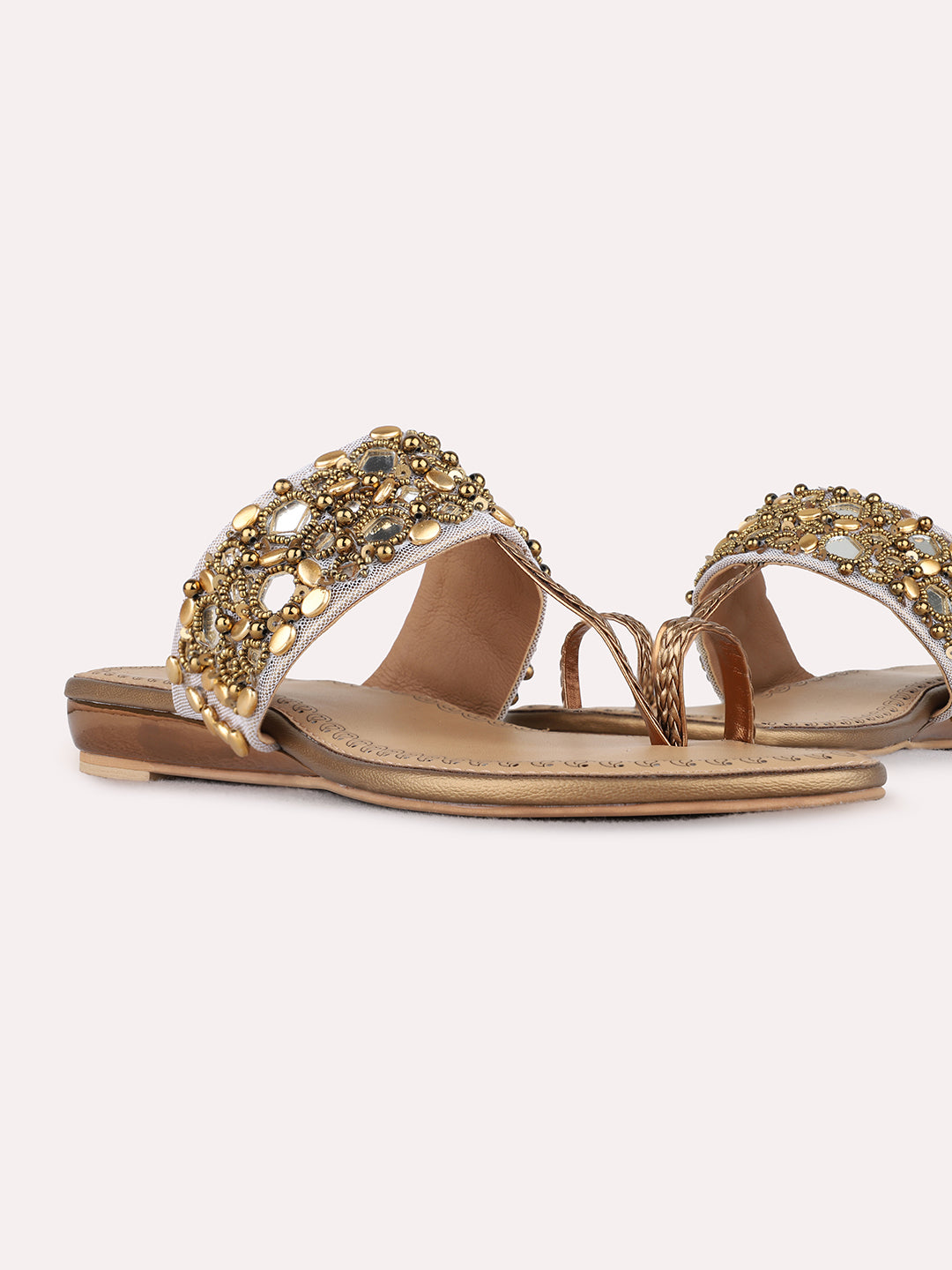 Womens Golden Ethnic Embellished Pattern Round Toe Wedge Heels
