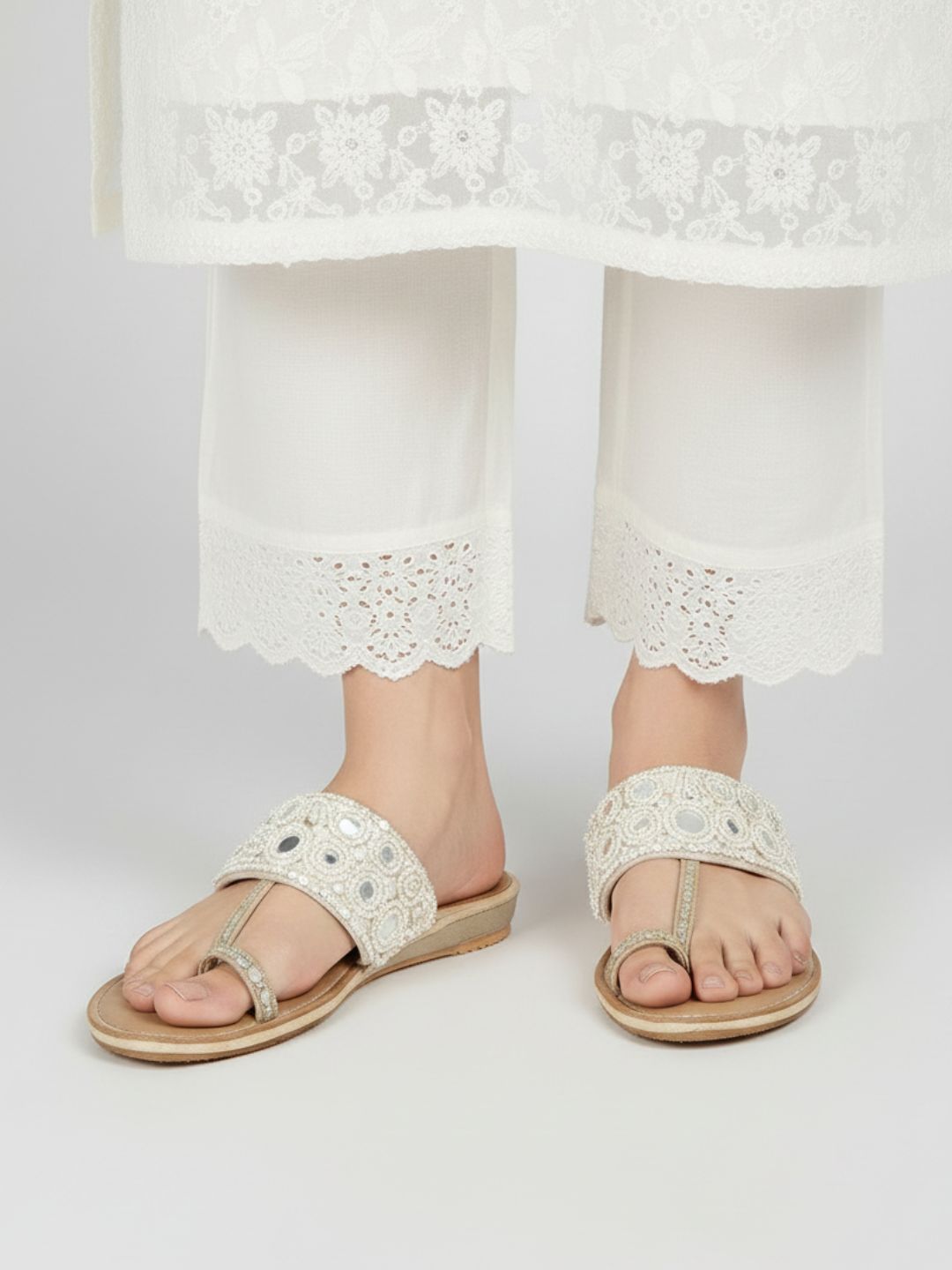 Womens Golden Ethnic Embellished Pattern Round Toe Wedges
