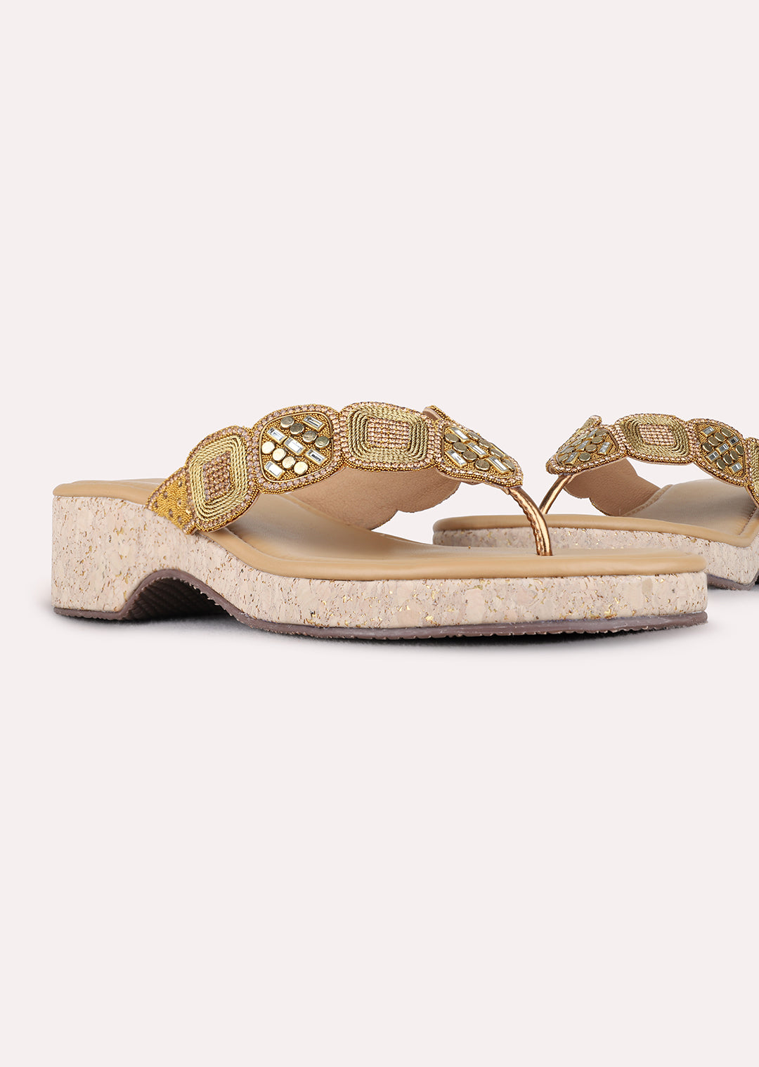 Womens Golden Ethnic Embellished Pattern Round Toe Platform Heels