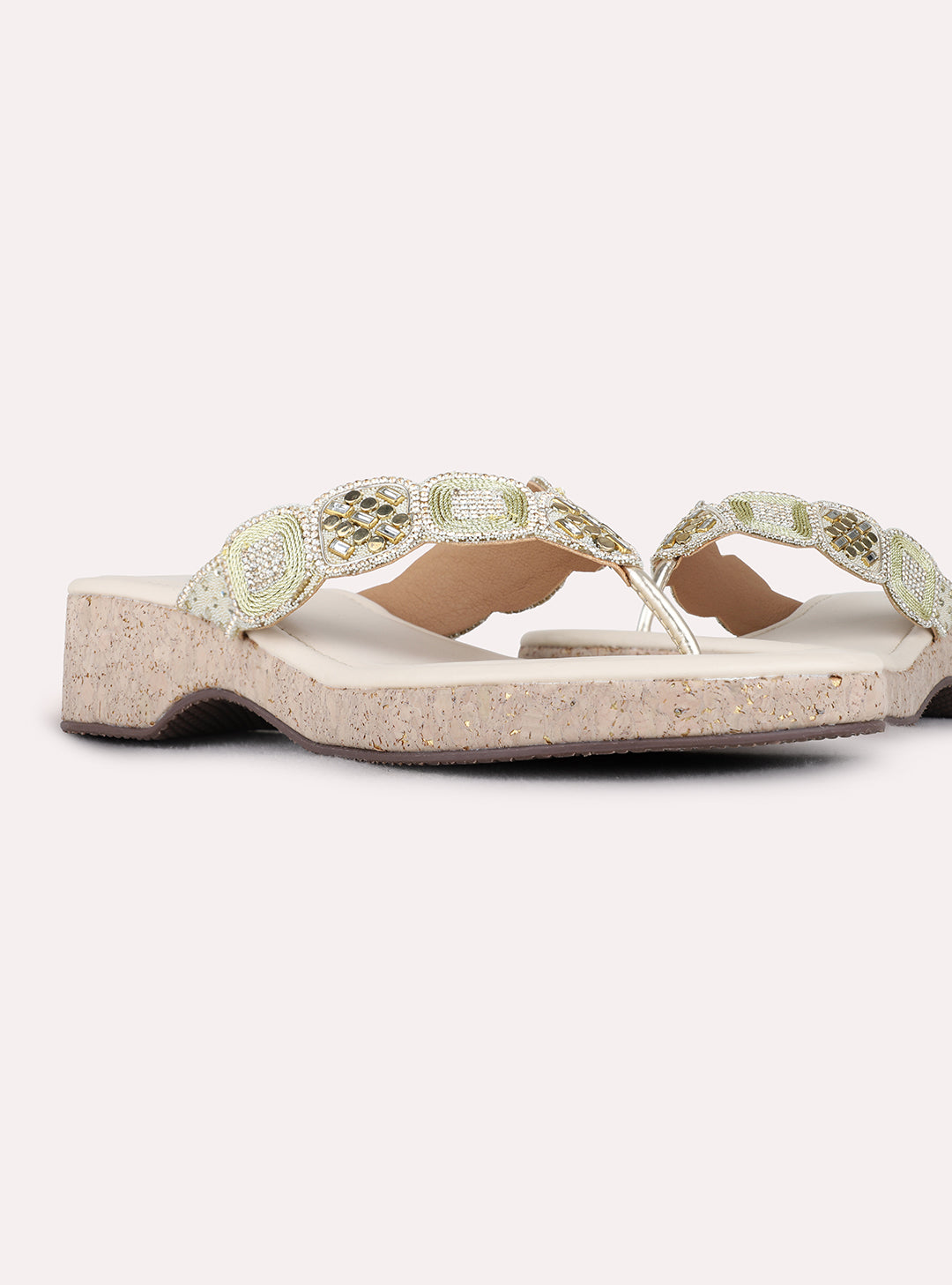 Womens Golden Ethnic Embellished Round Toe Platform Heels
