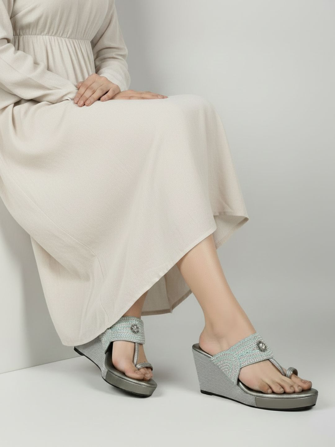 Womens Pewter Ethnic Embellished Round Toe Wedge Heels