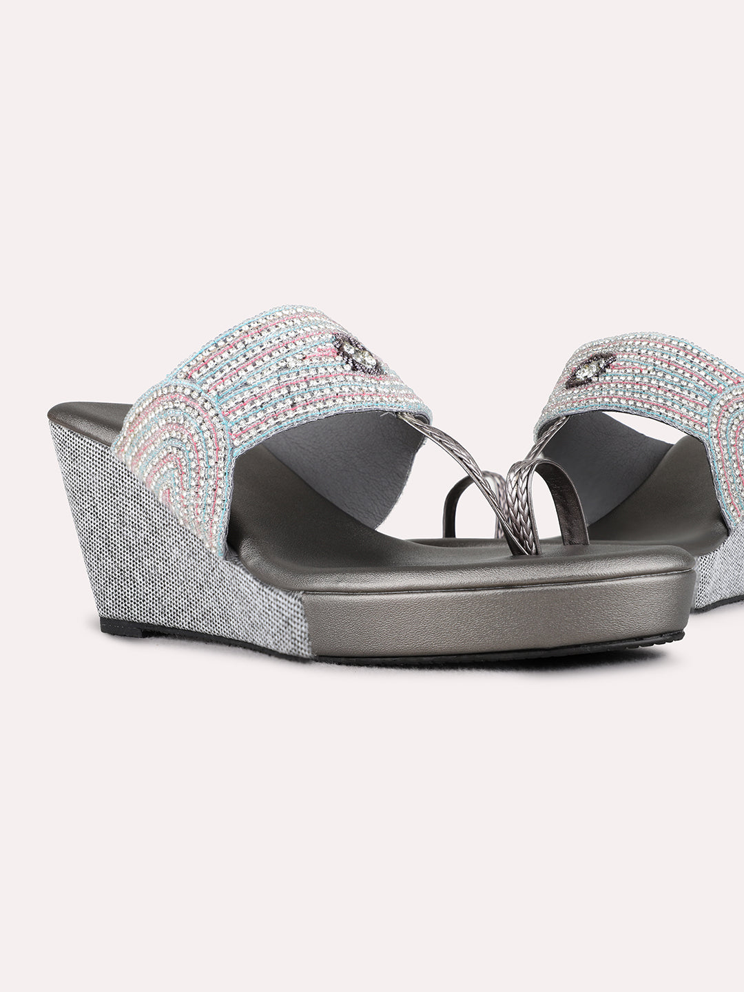 Womens Pewter Ethnic Embellished Round Toe Wedge Heels