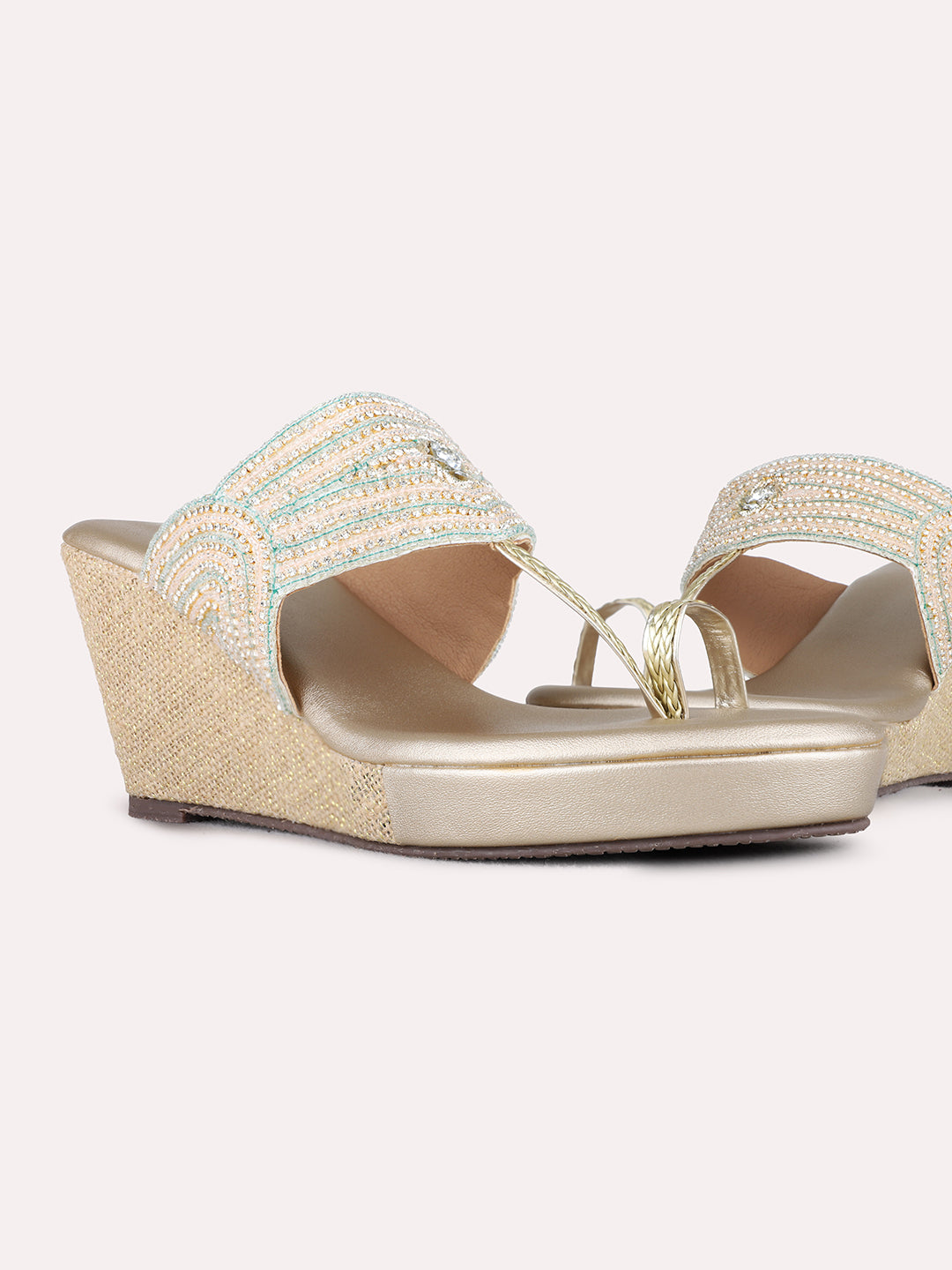 Womens Rose Gold Ethnic Embellished Pattern Round Toe Wedge Heels