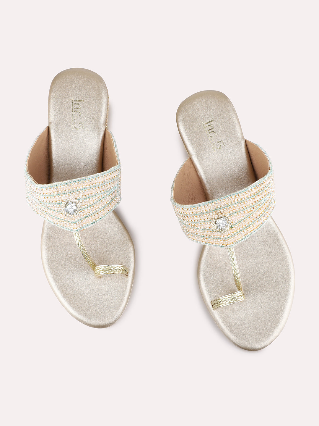 Womens Rose Gold Ethnic Embellished Pattern Round Toe Wedge Heels