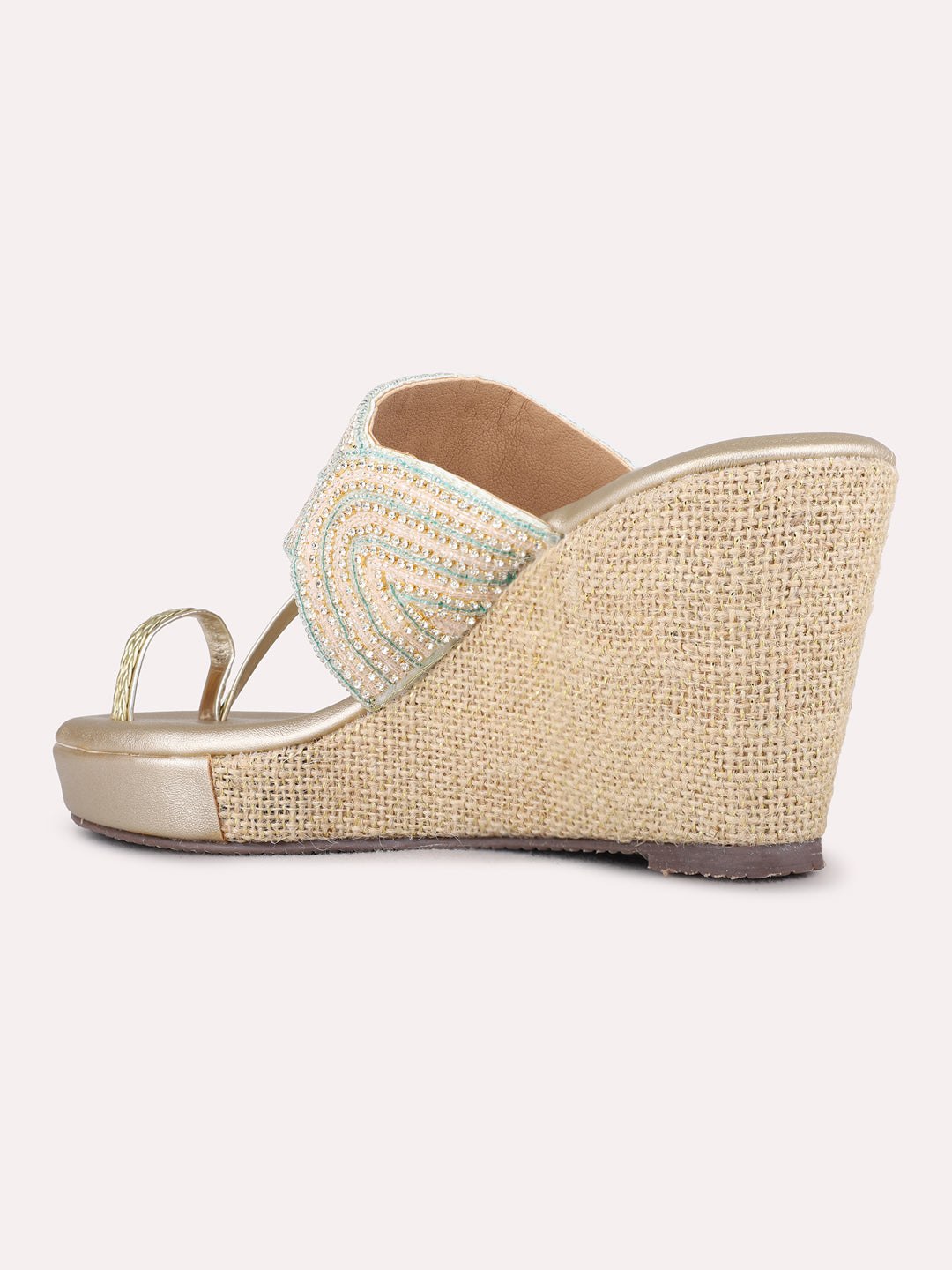 Womens Rose Gold Ethnic Embellished Pattern Round Toe Wedge Heels