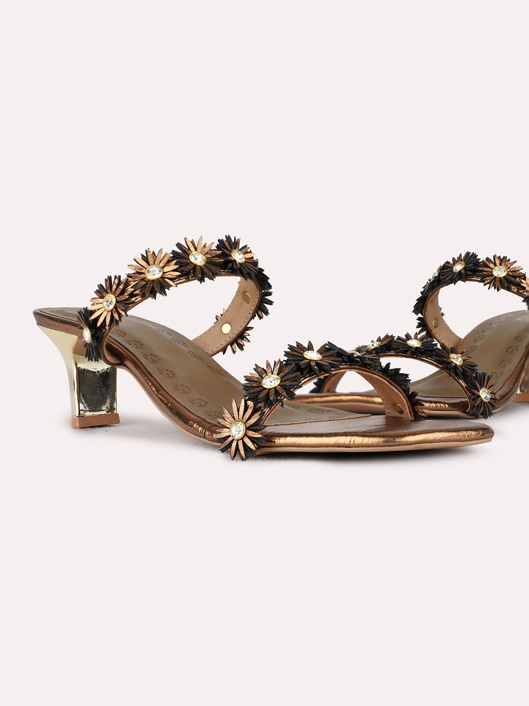Womens Golden Ethnic Embellished Round Toe Shape Block heels