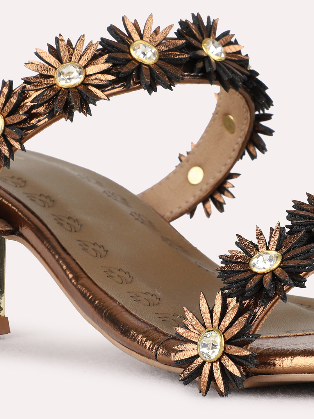 Womens Golden Ethnic Embellished Round Toe Shape Block heels
