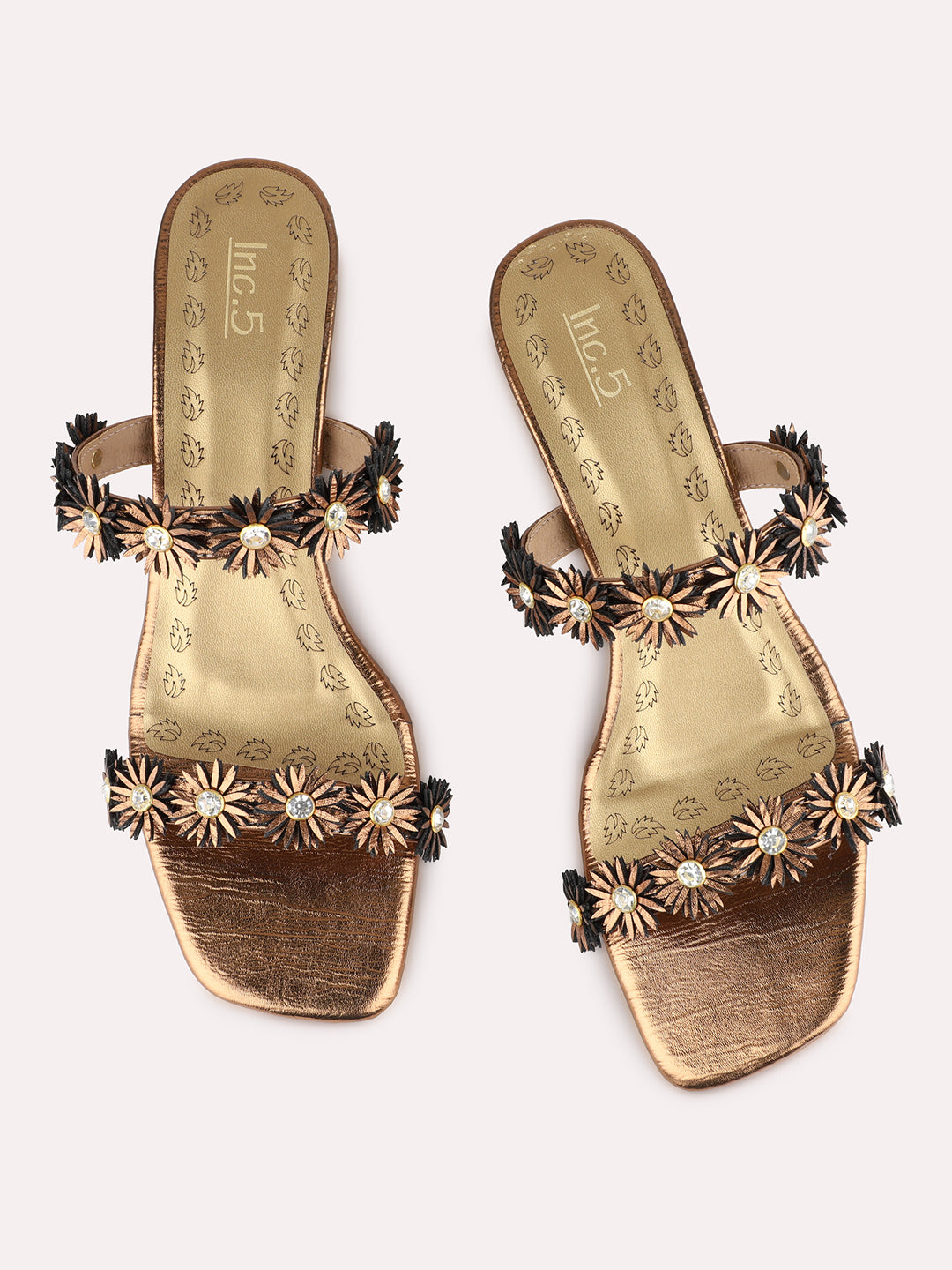 Womens Golden Ethnic Embellished Round Toe Shape Block heels