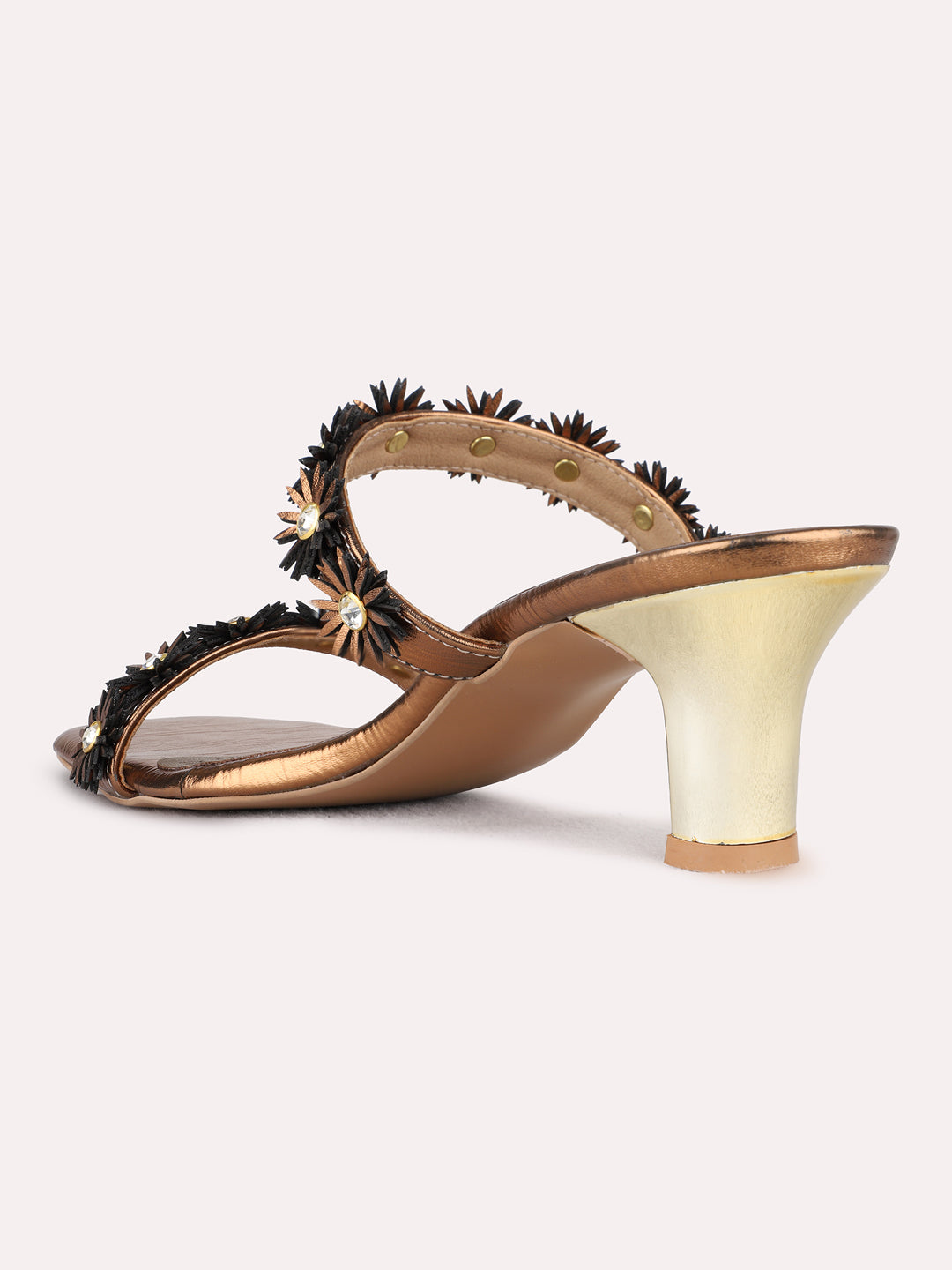 Womens Golden Ethnic Embellished Round Toe Shape Block heels