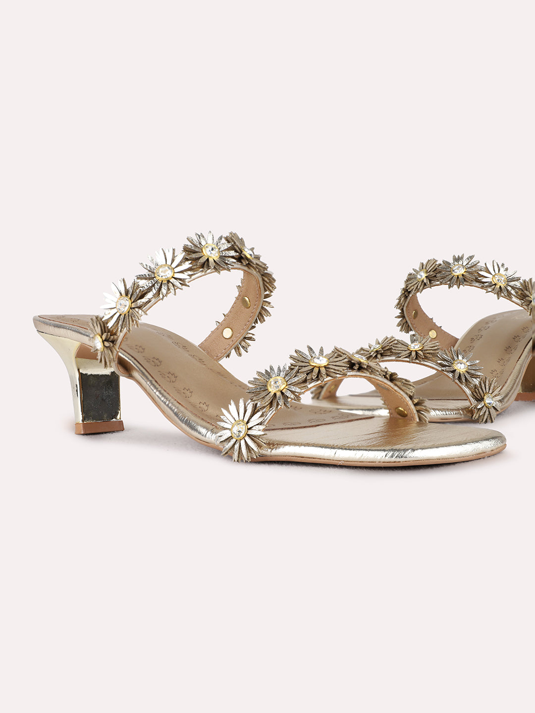 Womens Golden Ethnic Embellished Pattern Round Toe Shape Block heels