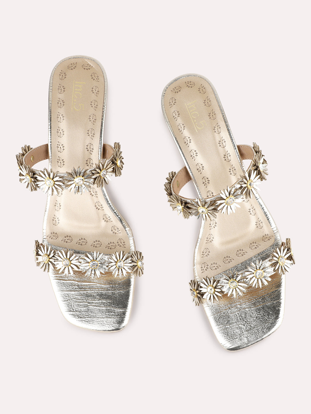 Womens Golden Ethnic Embellished Pattern Round Toe Shape Block heels