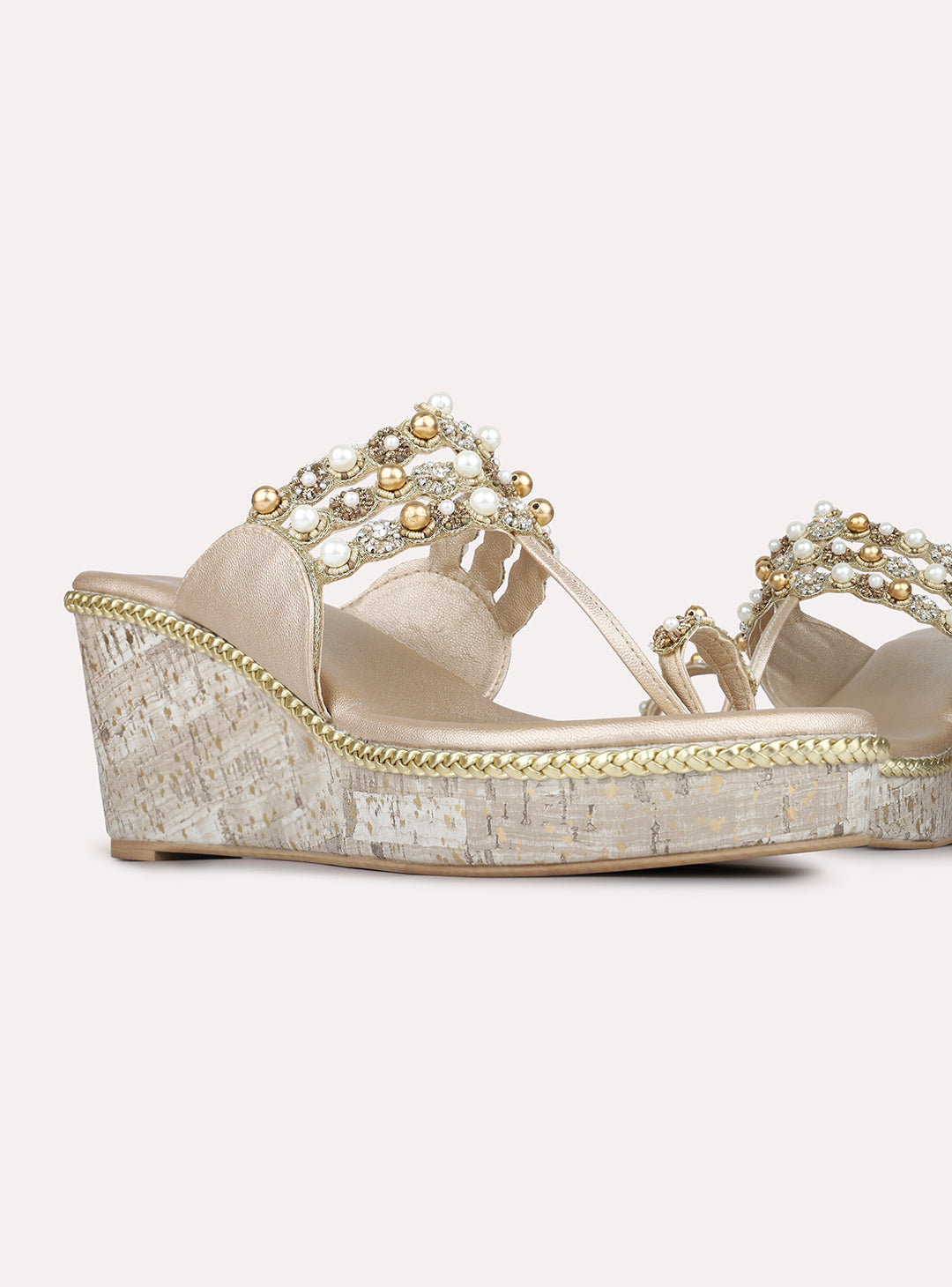 Womens Golden Ethnic Embellished Pattern Round Toe Wedge Heels