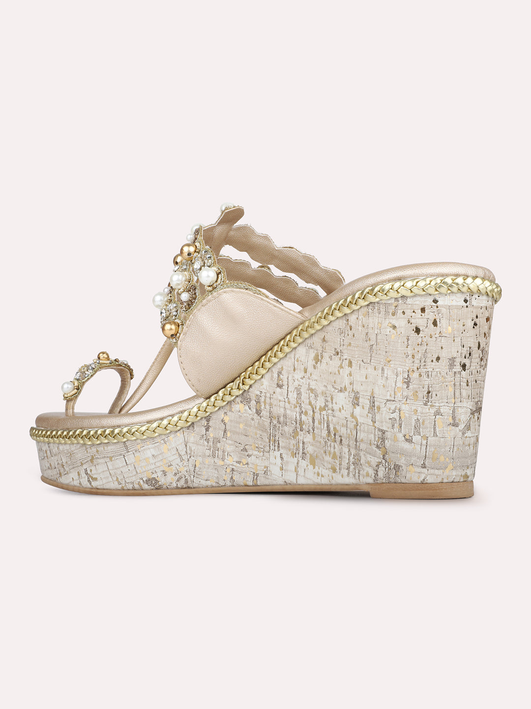 Womens Golden Ethnic Embellished Pattern Round Toe Wedge Heels