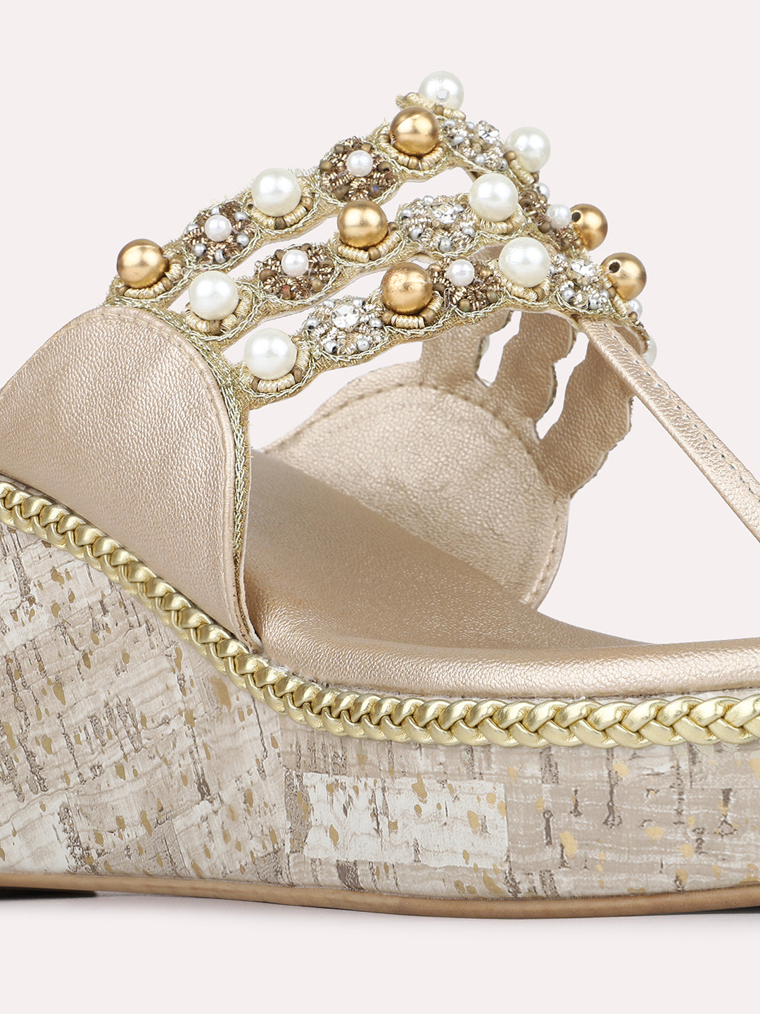 Womens Golden Ethnic Embellished Pattern Round Toe Wedge Heels