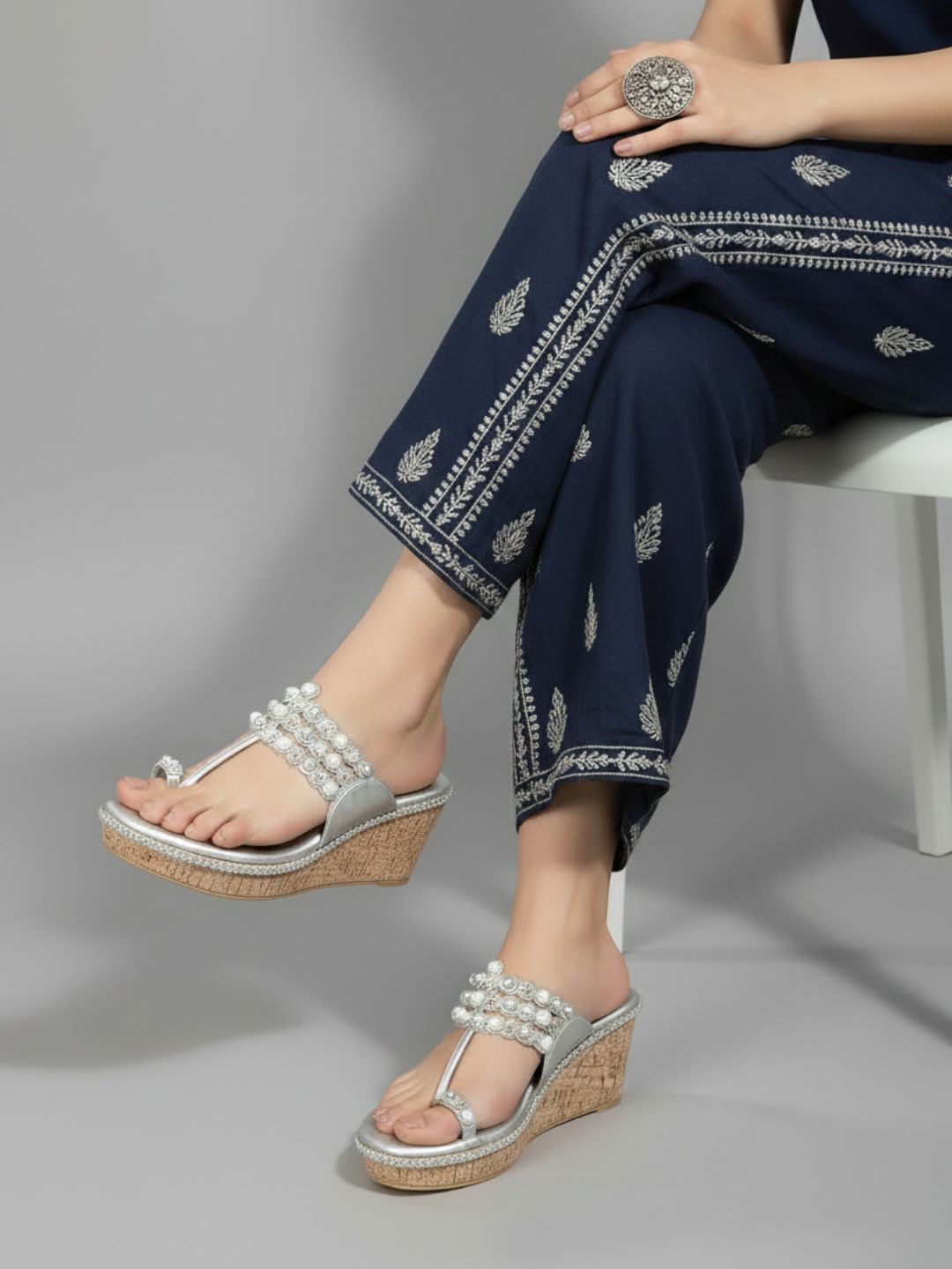 Womens Silver Ethnic Embellished Round Toe Wedge Heels
