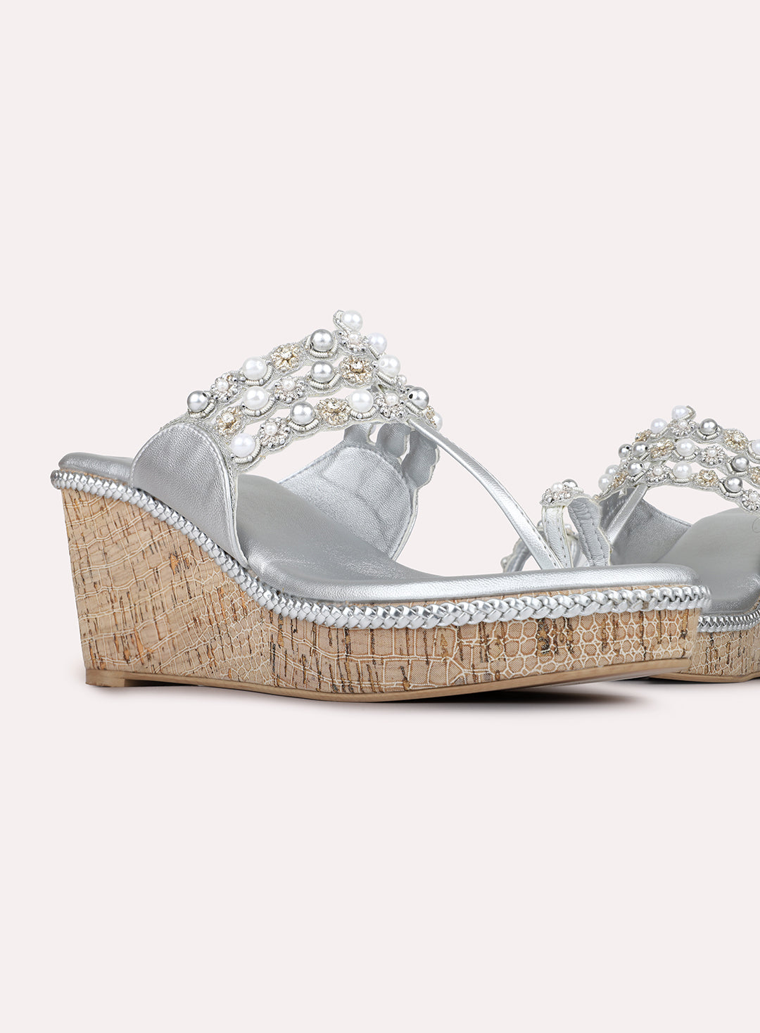 Womens Silver Ethnic Embellished Round Toe Wedge Heels