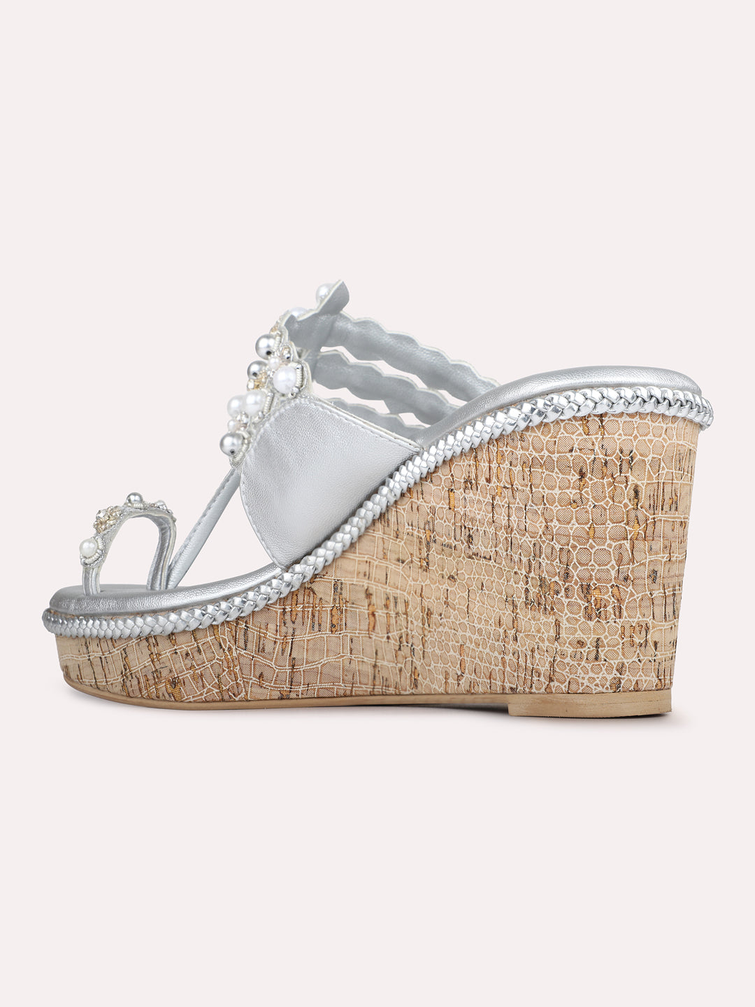 Womens Silver Ethnic Embellished Round Toe Wedge Heels
