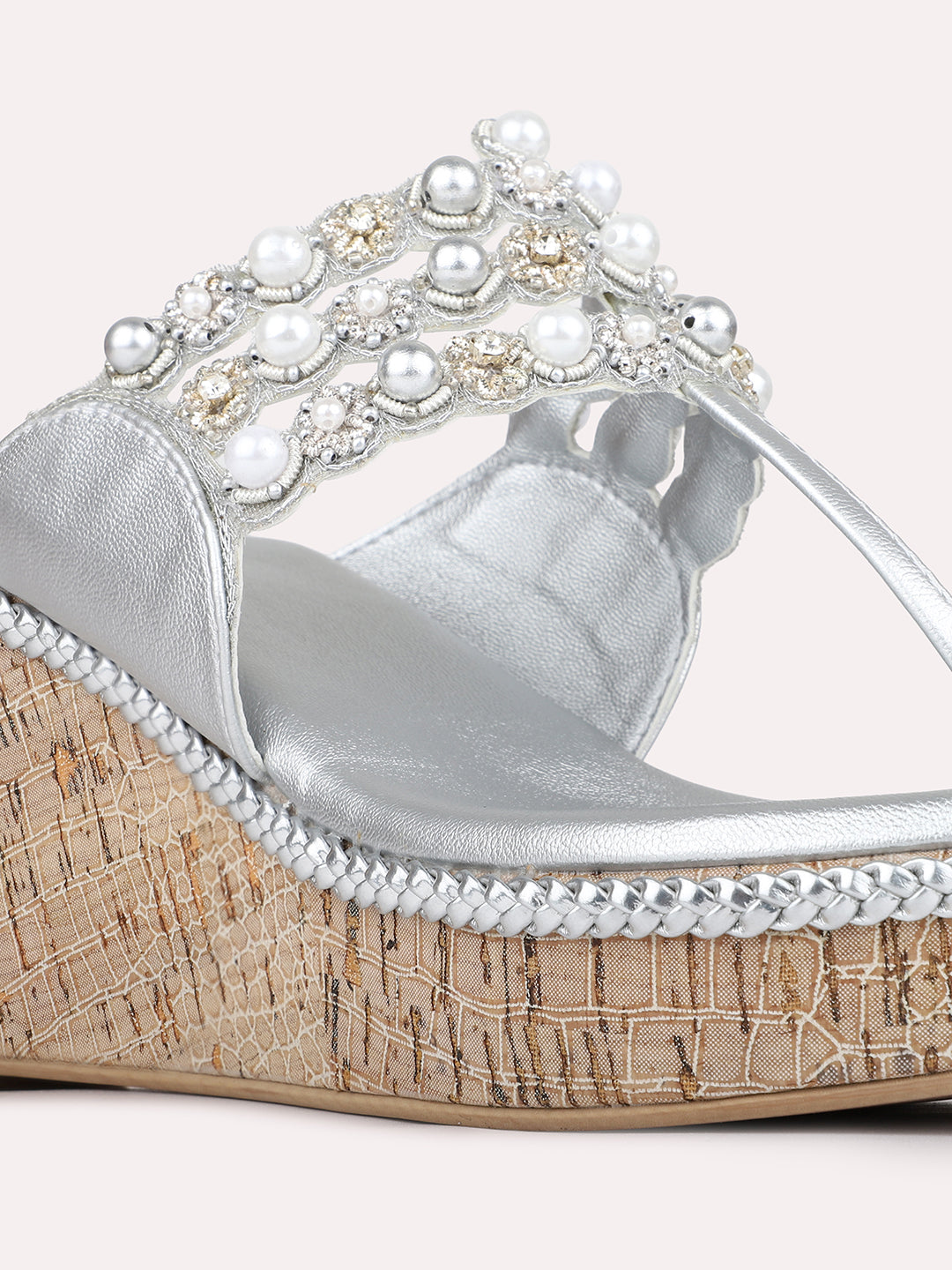 Womens Silver Ethnic Embellished Round Toe Wedge Heels