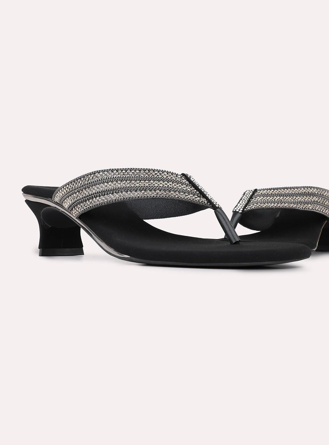 Womens Black Ethnic Embellished Round Toe Kitten Heels