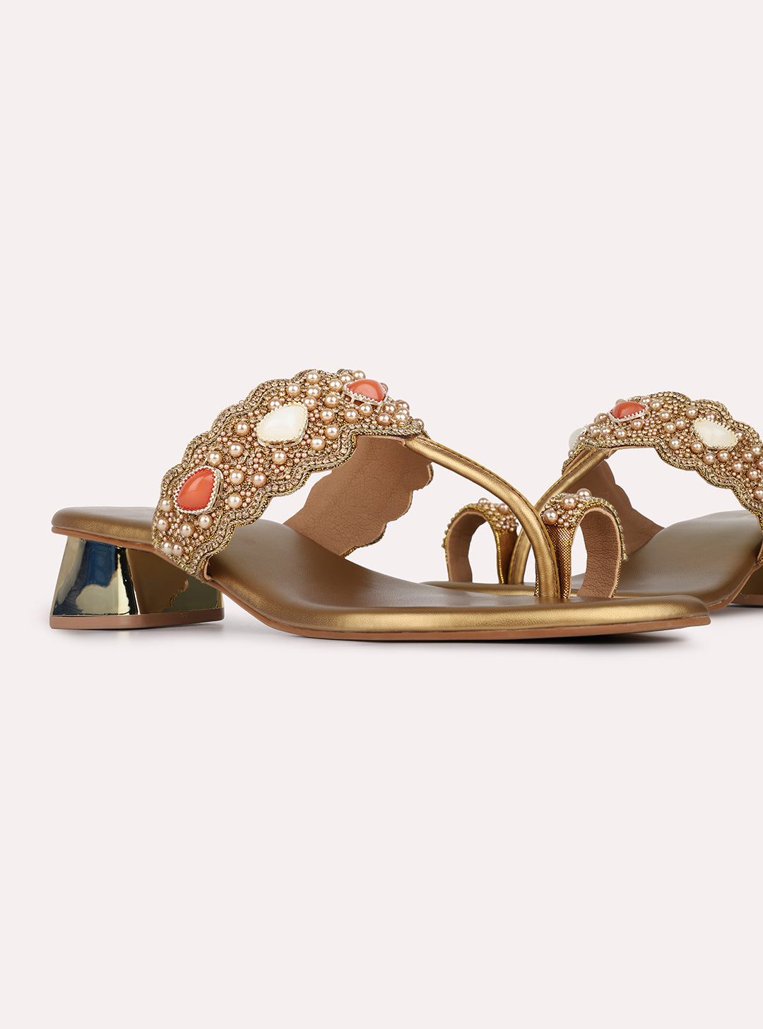 Womens Golden Embellished Pattern Round Toe Ethnic Block Heels