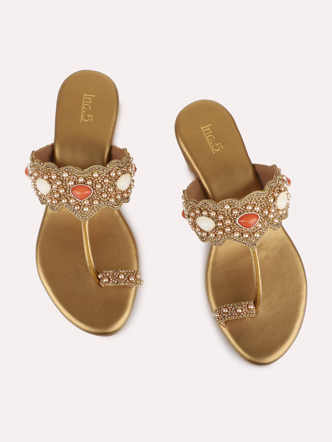 Womens Golden Embellished Pattern Round Toe Ethnic Block Heels