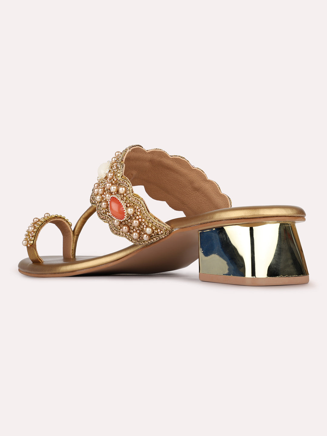 Womens Golden Embellished Pattern Round Toe Ethnic Block Heels