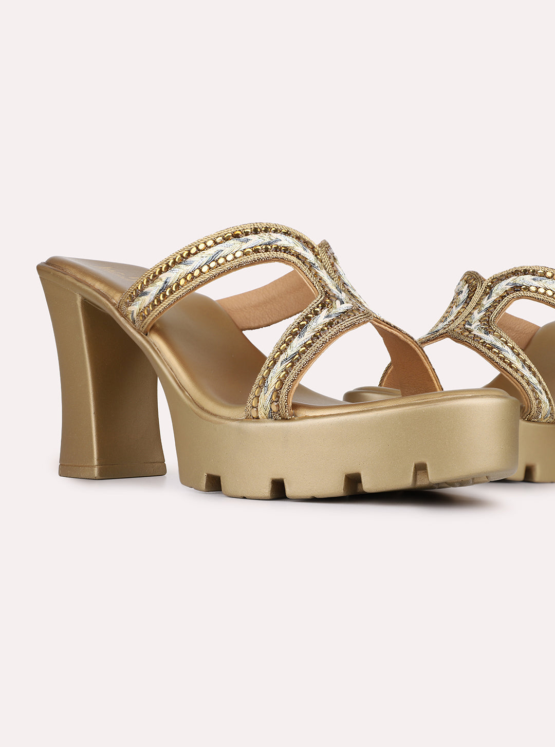 Womens Golden Ethnic Embellished Round Toe Shape Platform Heels