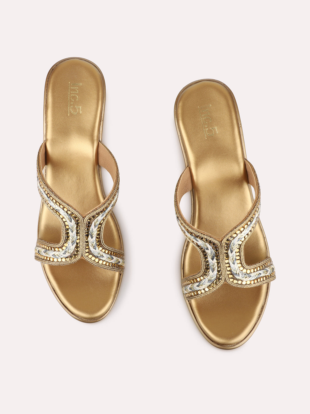 Womens Golden Ethnic Embellished Round Toe Shape Platform Heels