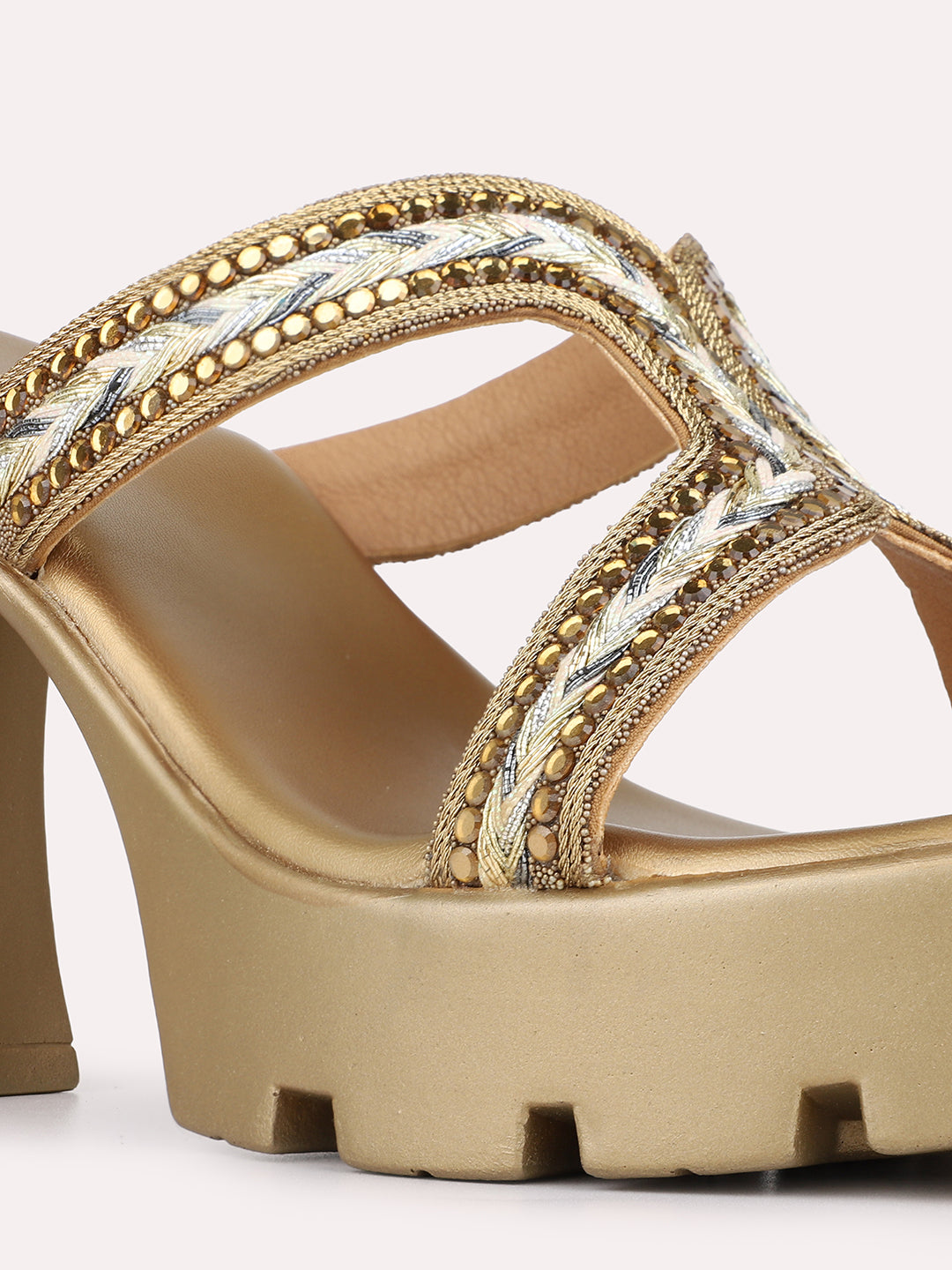 Womens Golden Ethnic Embellished Round Toe Shape Platform Heels