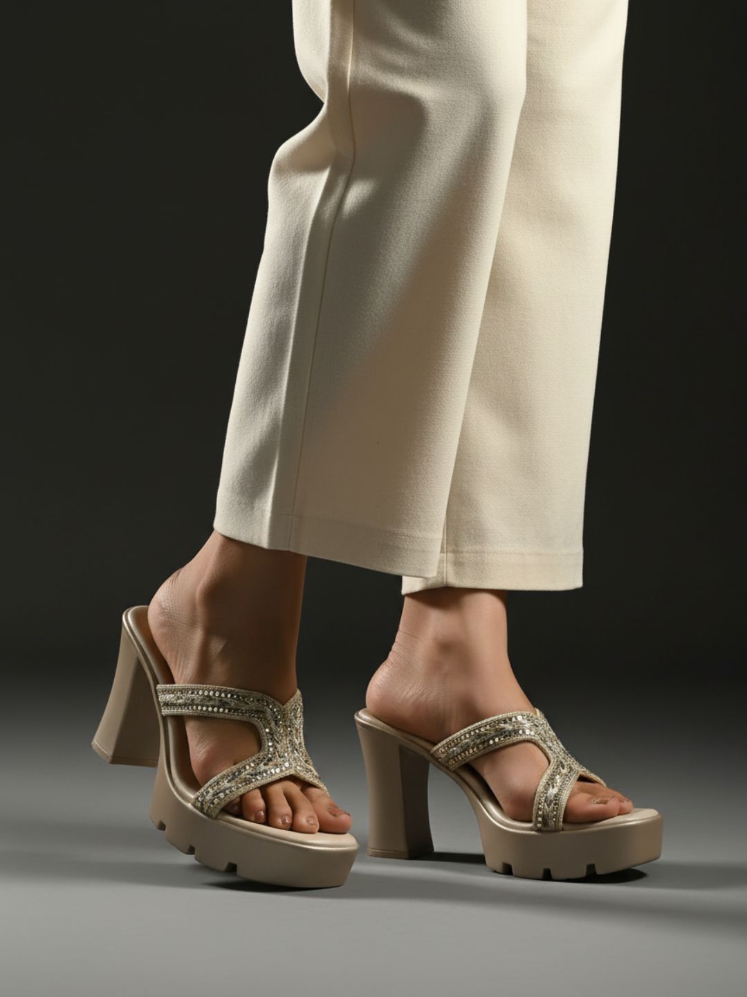 Womens Beige Party Wear Embellished Round Toe Platform Heels