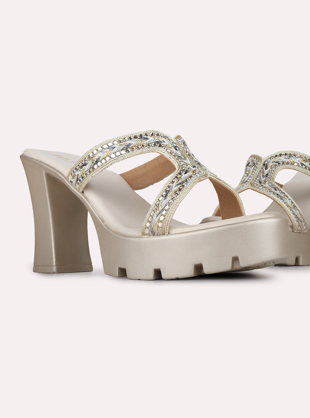 Womens Beige Party Wear Embellished Round Toe Platform Heels