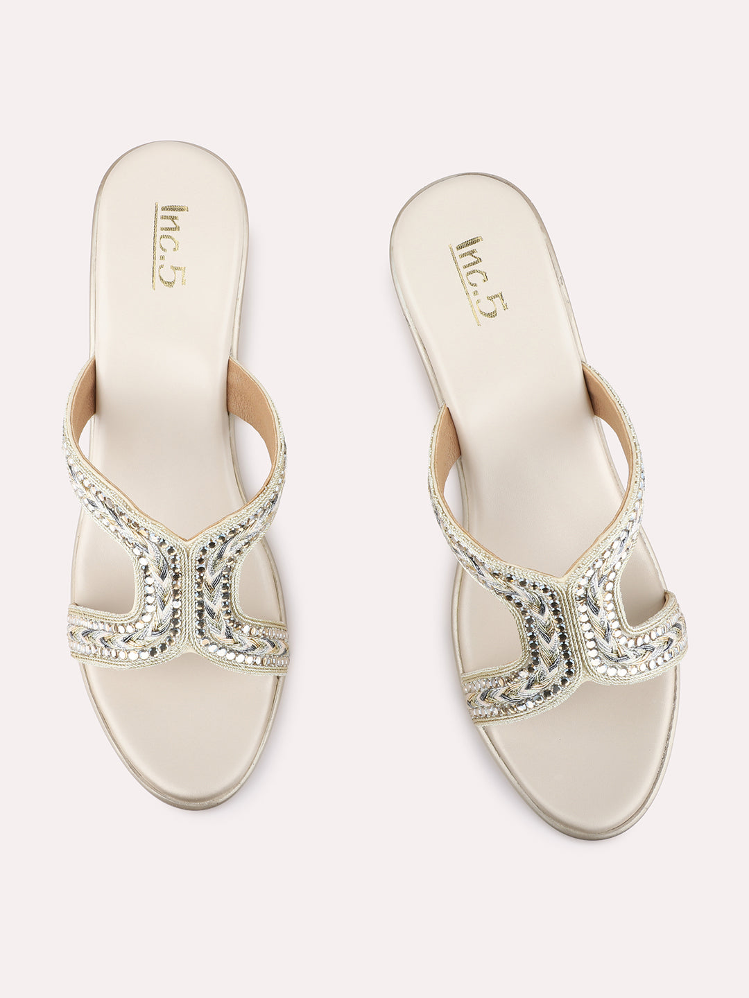 Womens Beige Party Wear Embellished Round Toe Platform Heels
