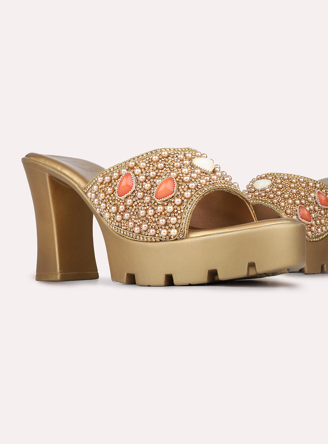 Womens Golden Ethnic Embellished Platform Heels