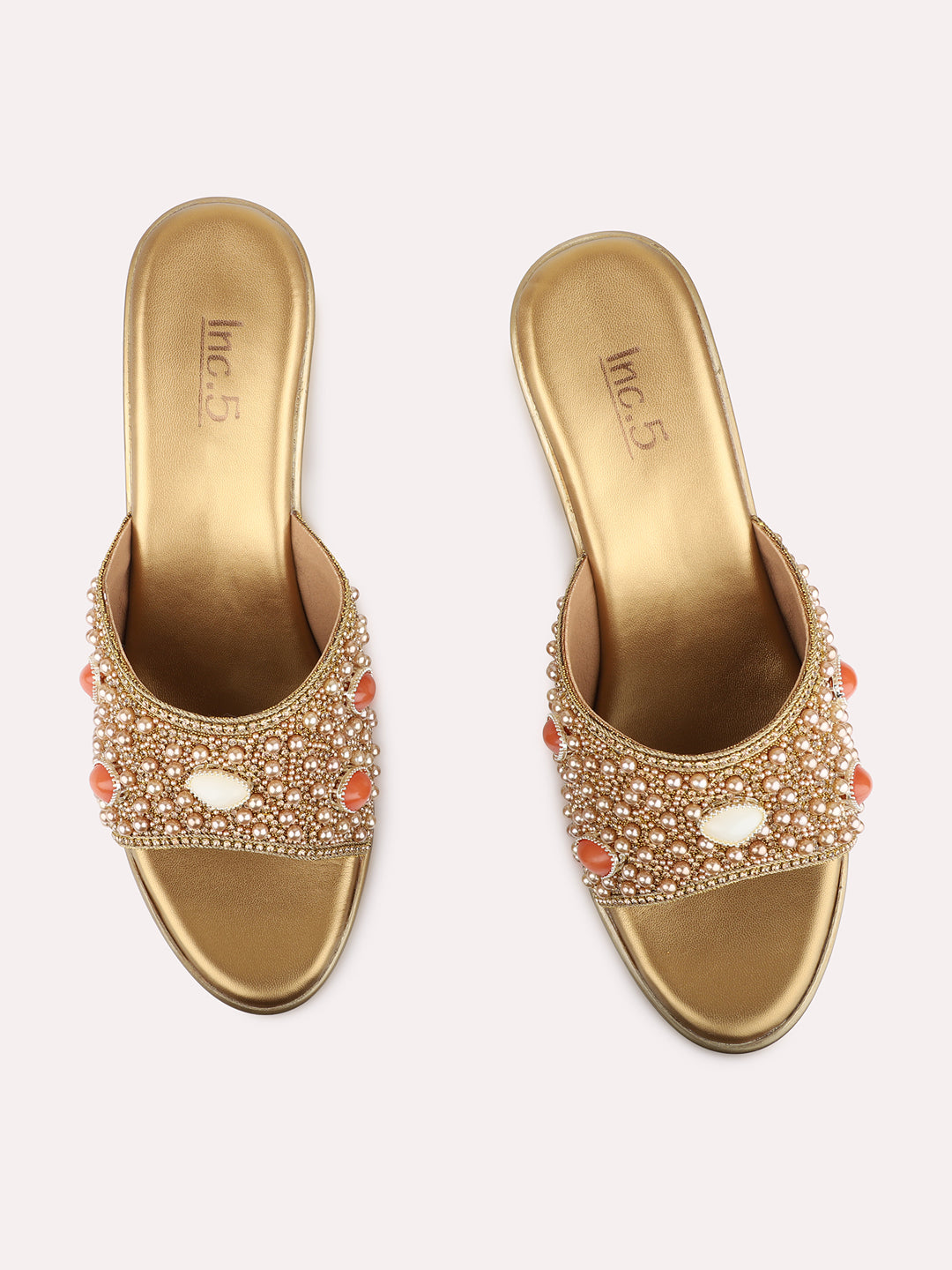Womens Golden Ethnic Embellished Platform Heels