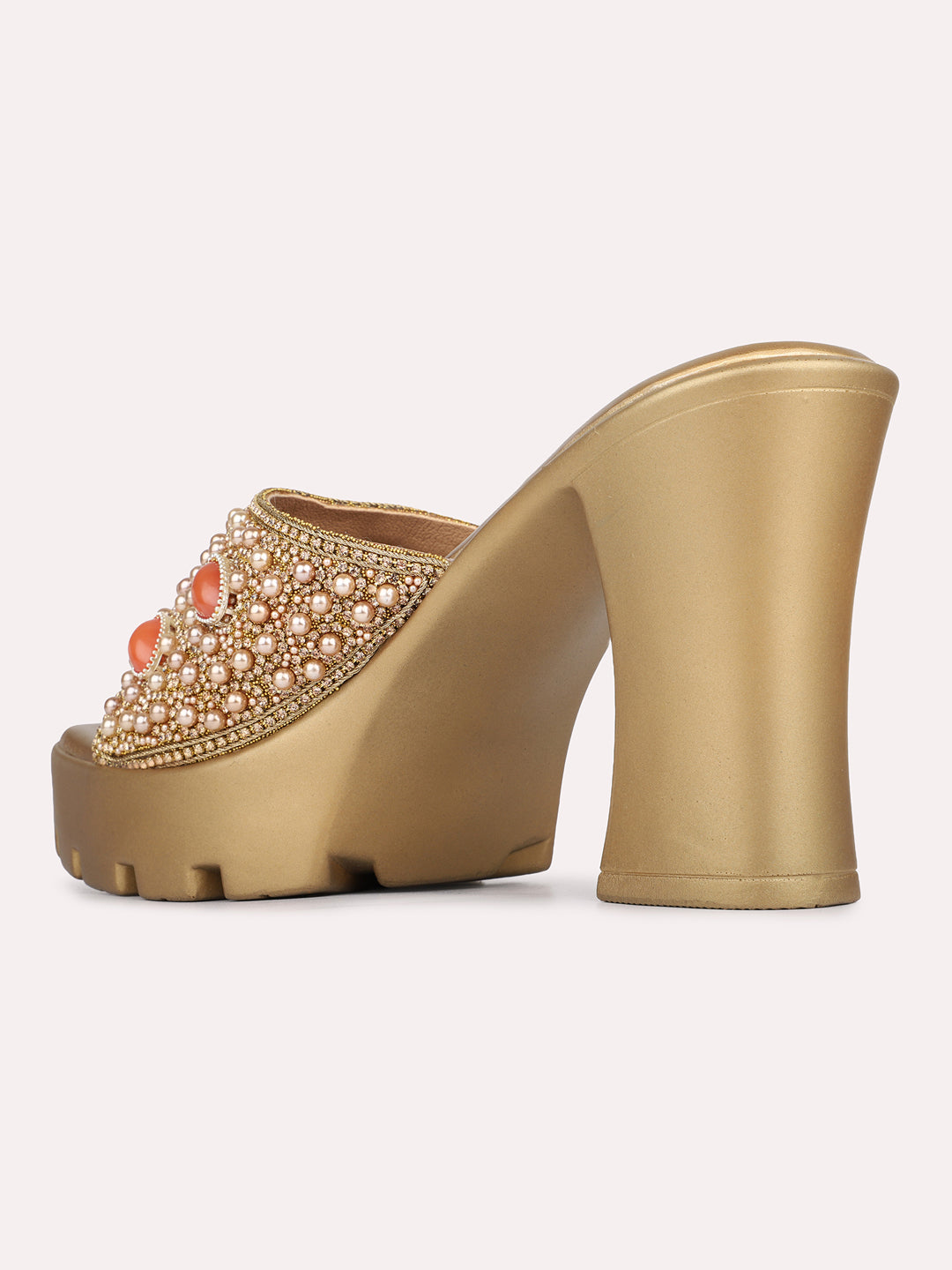 Womens Golden Ethnic Embellished Platform Heels