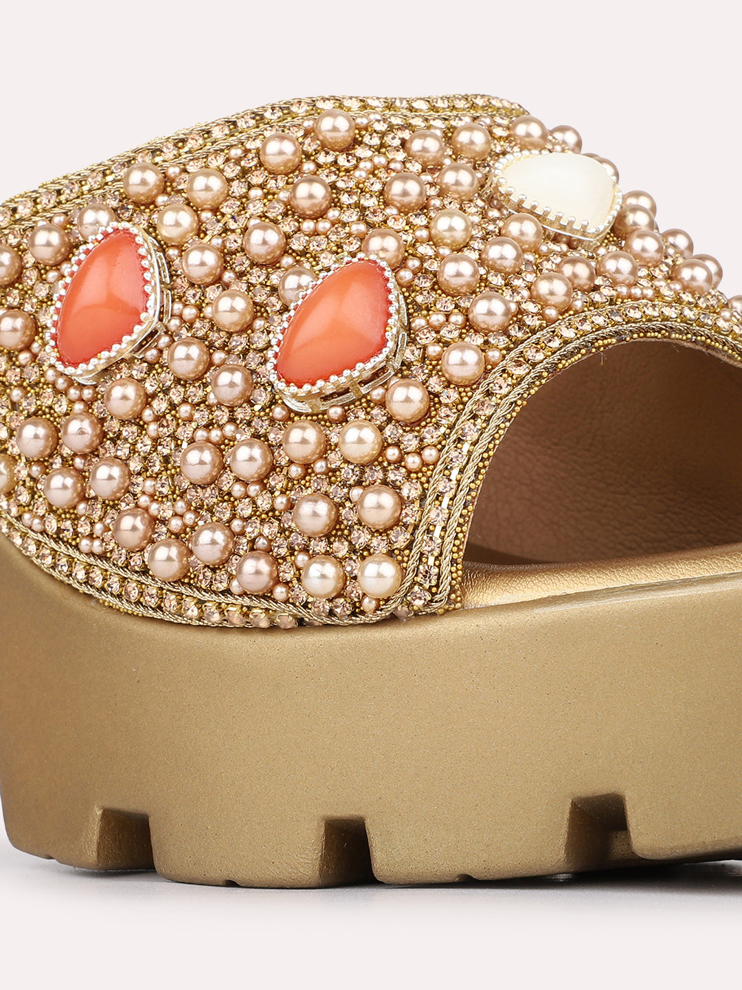 Womens Golden Ethnic Embellished Platform Heels