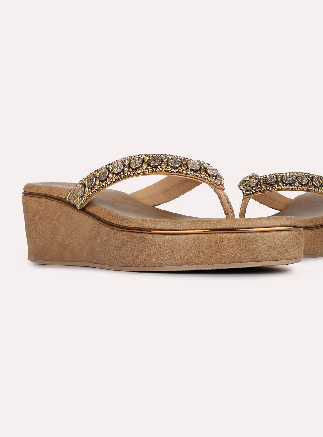 Womens Golden Ethnic Embellished Round Toe Wedges