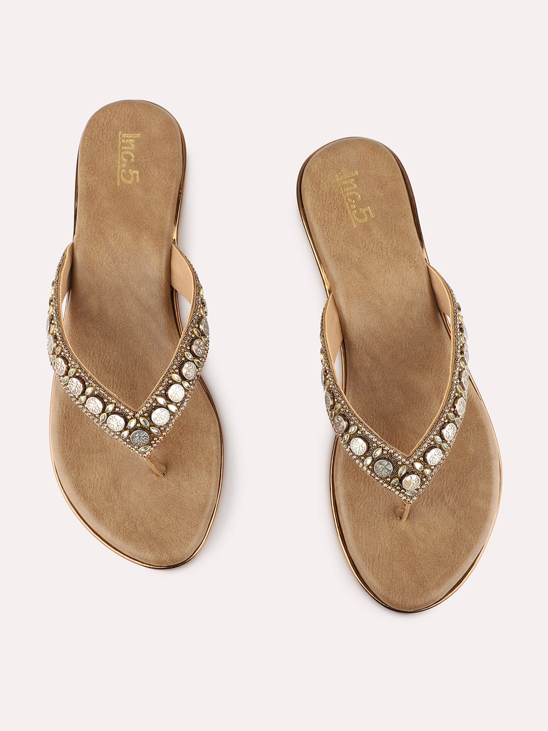Womens Golden Ethnic Embellished Round Toe Wedges