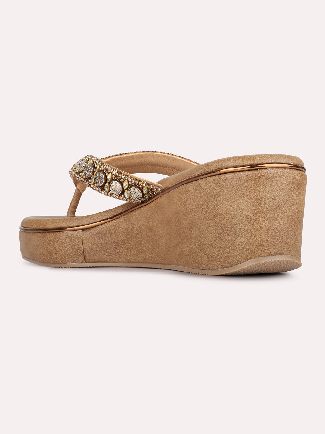 Womens Golden Ethnic Embellished Round Toe Wedges