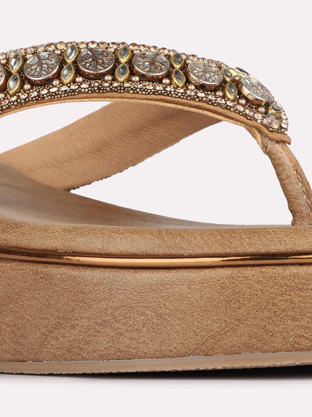 Womens Golden Ethnic Embellished Round Toe Wedges
